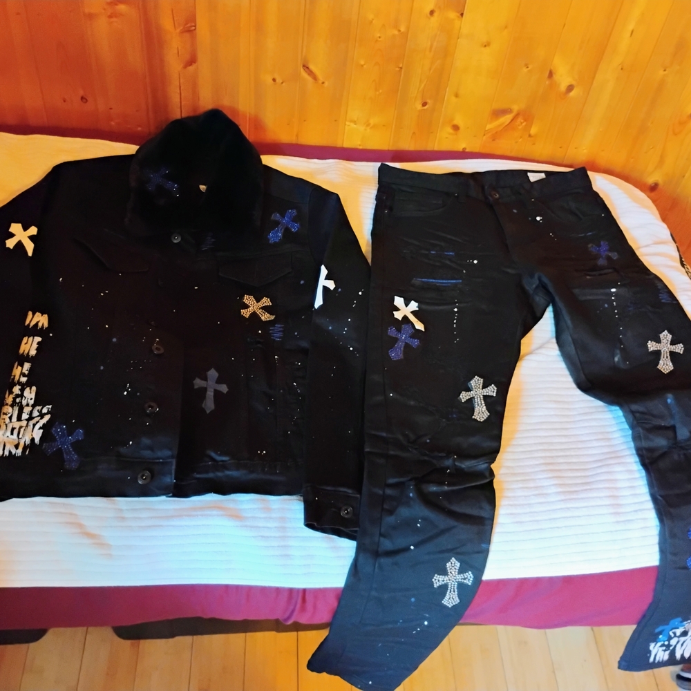 Black Jacket and Pants Set with Cross Patches